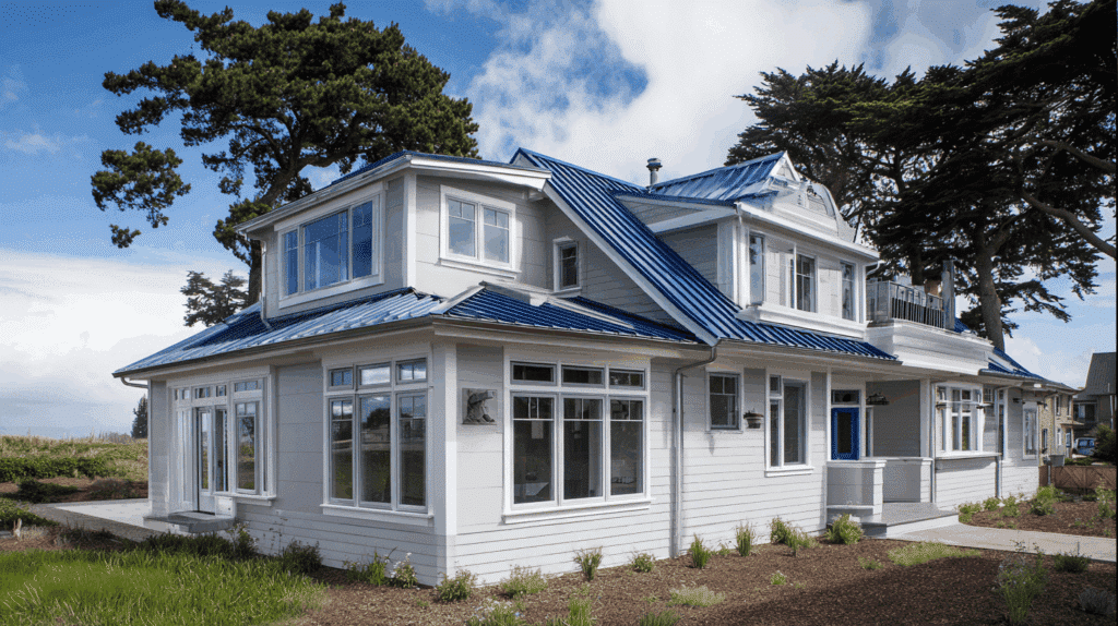Light Gray House with Blue Roof