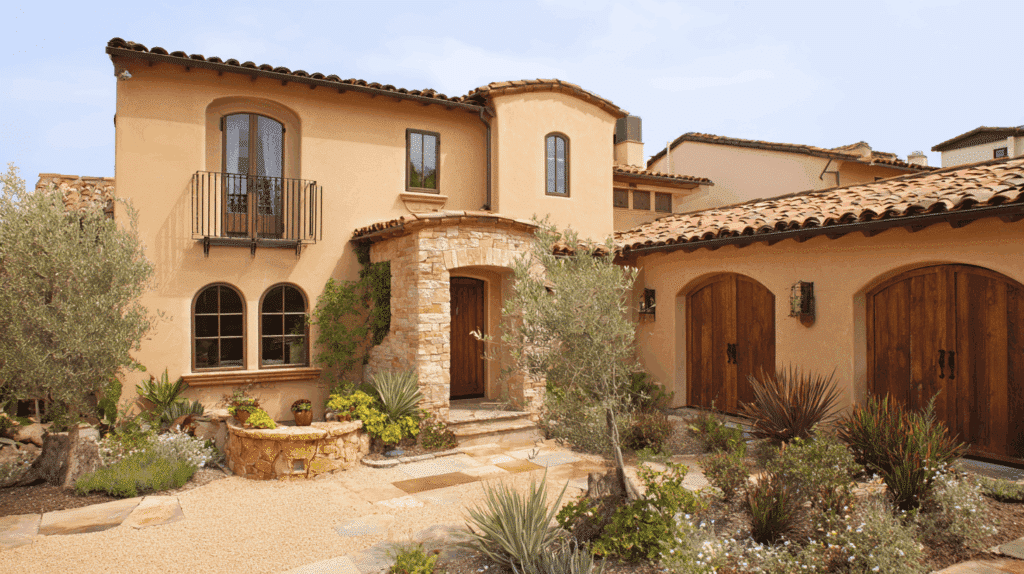Mediterranean home with warm terracotta stone roof combination