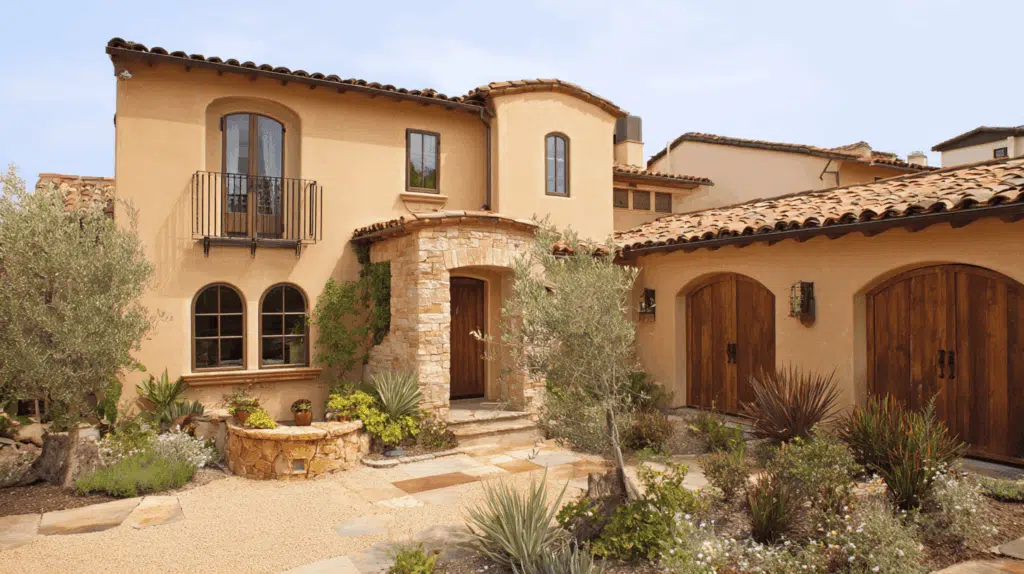 Mediterranean home with warm terracotta stone roof combination