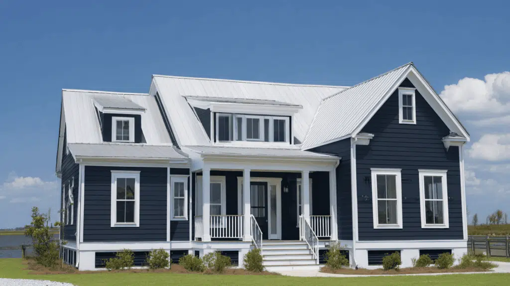 Navy blue white house and roof color combination