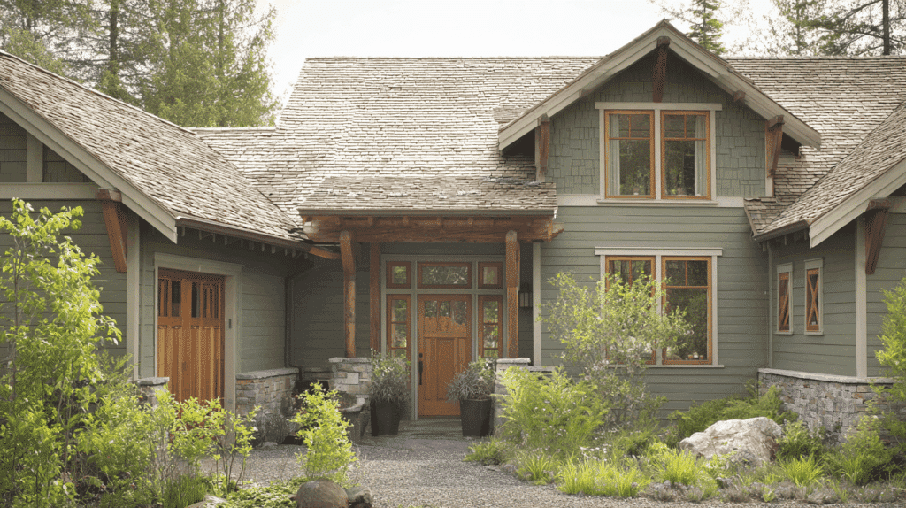 Sage Green House with Light Brown Roof