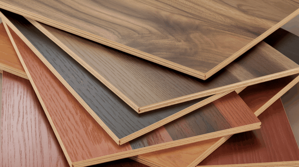 a close up photograph of stacked plywood