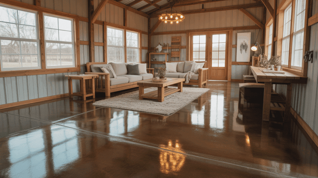 a cozy barndominium interior with polish