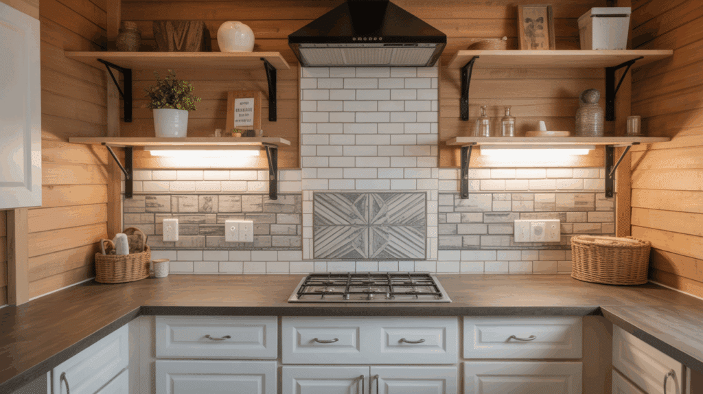 a cozy barndominium kitchen or bathroom