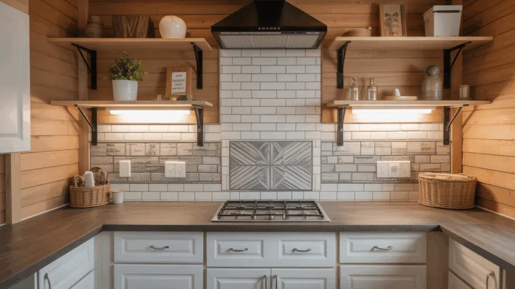 a cozy barndominium kitchen or bathroom