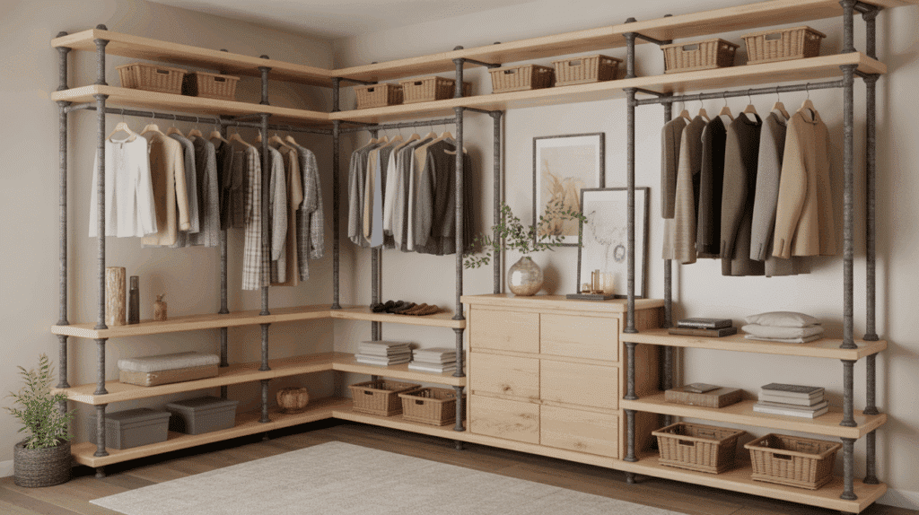 a stylish barndominium bedroom featuring