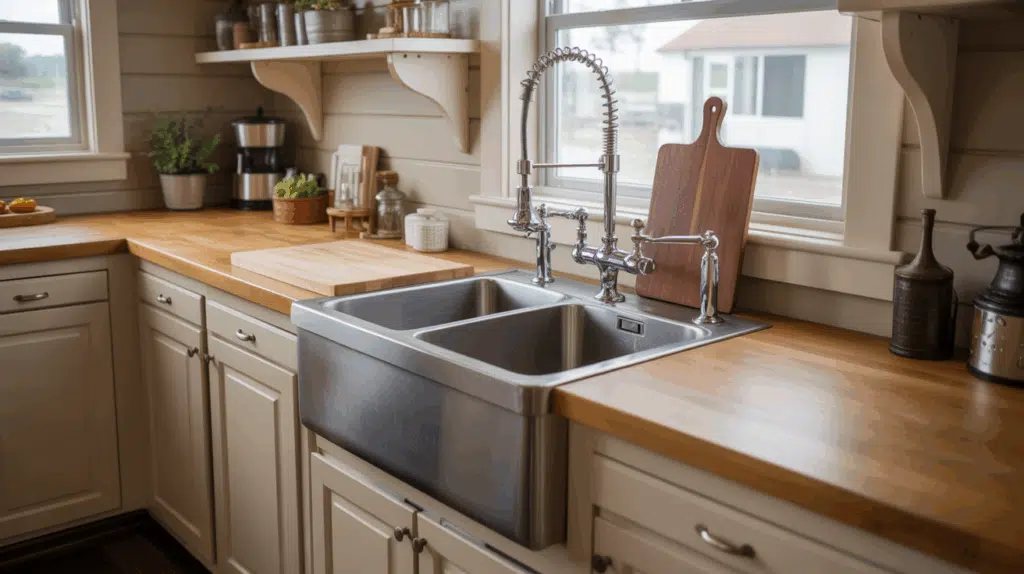 a stylish barndominium kitchen featuring