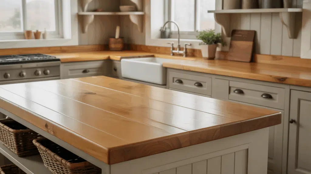a warm rustic barndominium kitchen