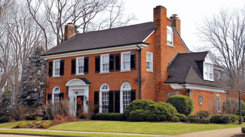 Brick home with rich red or orange roof combo