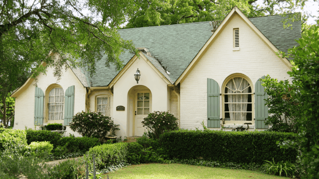 Cream colored house with a soft green roof
