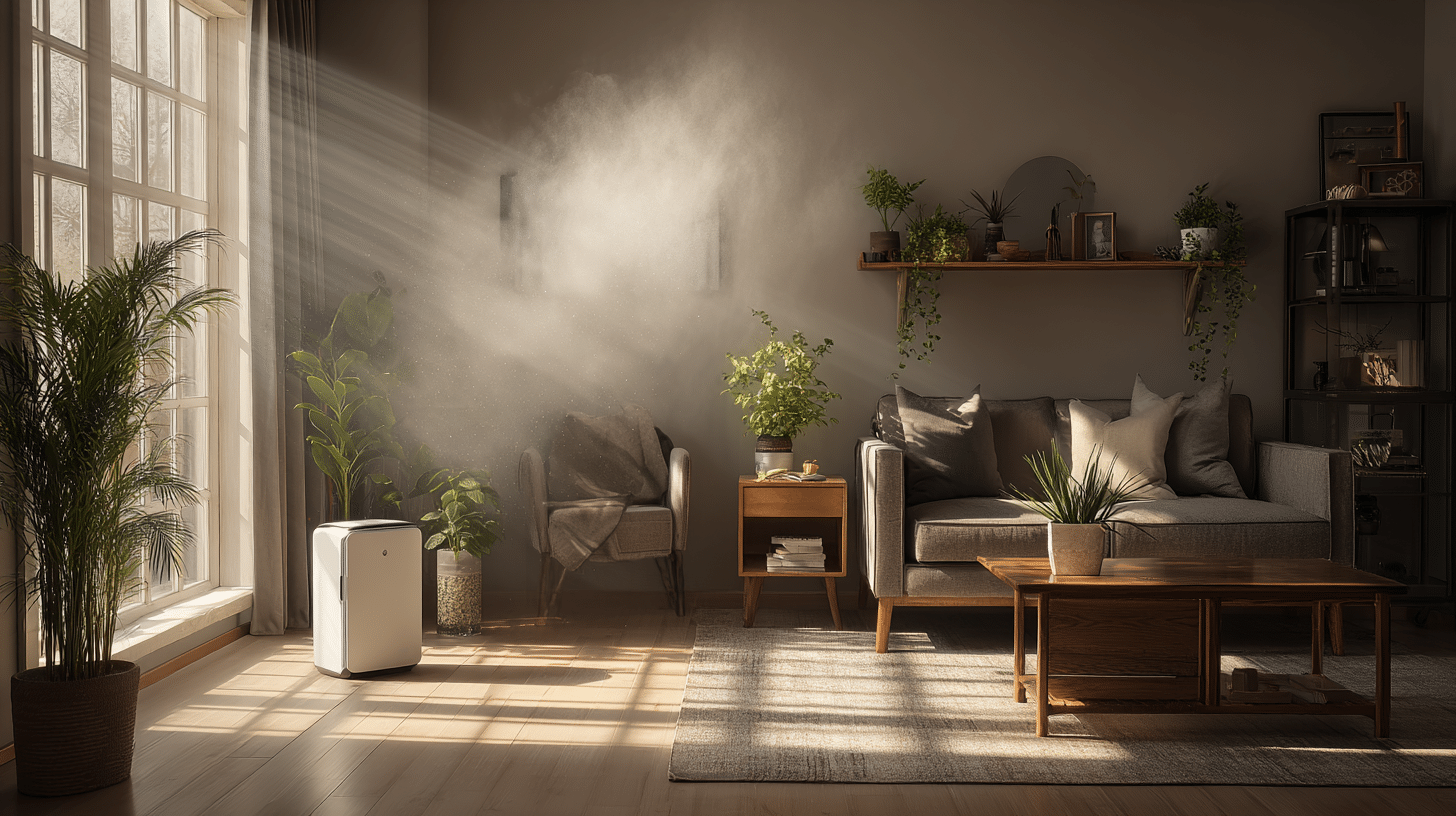 Dust particles visible in sunlight beam highlighting indoor air quality concerns in living room