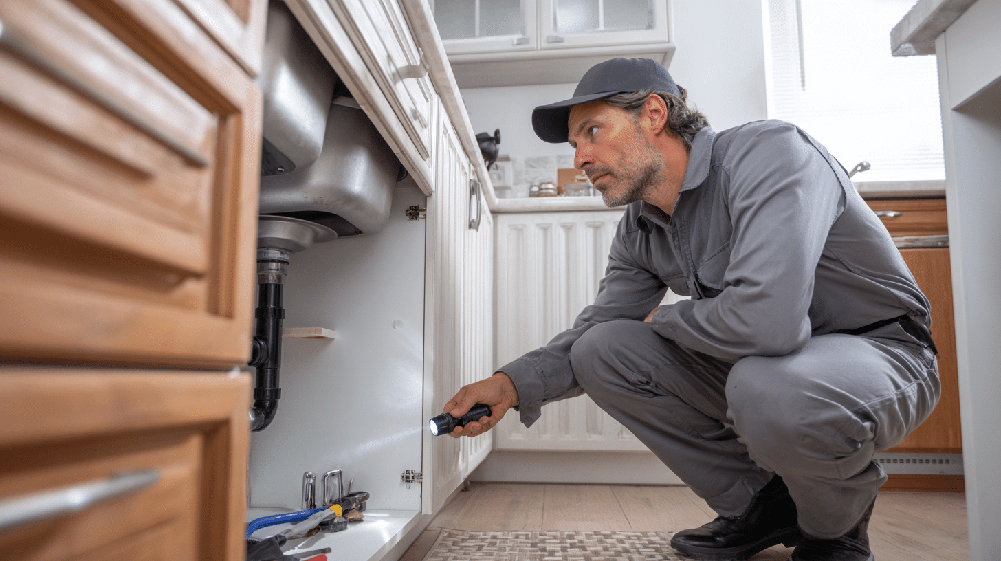 Professional plumber inspecting kitchen sink drain pipes with flashlight during maintenance inspection