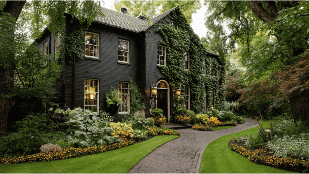 Black Brick with Green Landscaping