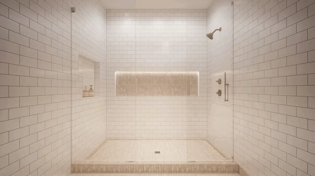 all white spa walk in tile shower idea