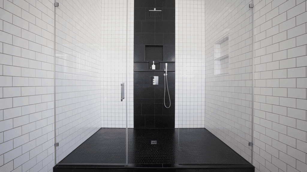 black and white contrast walk in tile shower idea