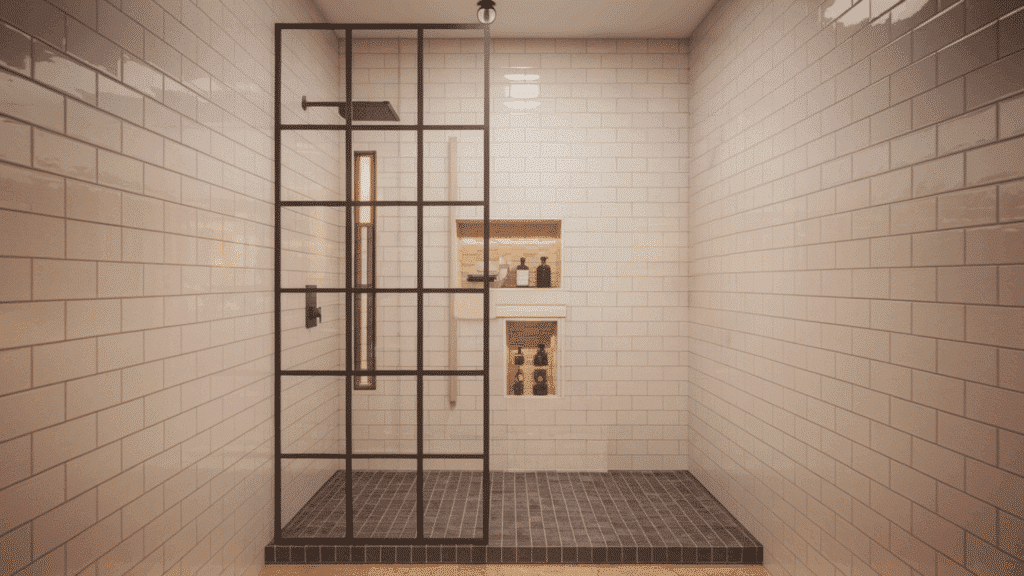 black framed grid soft tile walk in tile shower idea