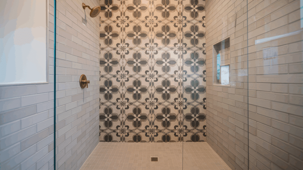bold patterned feature wall walk in tile shower idea