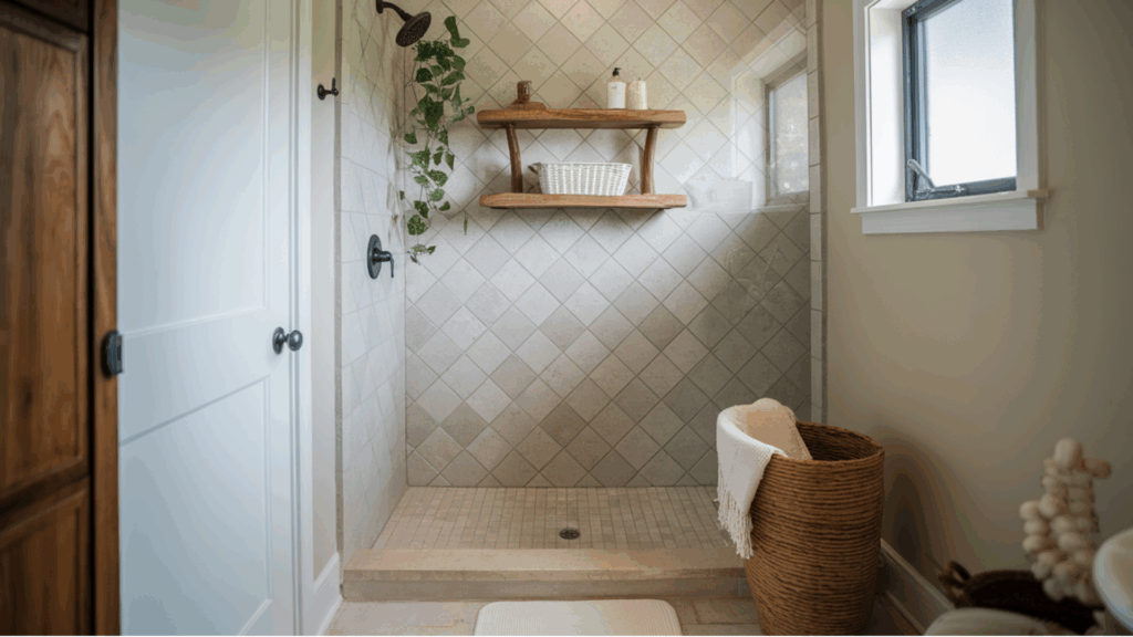 diagonal tile layout walk in tile shower idea