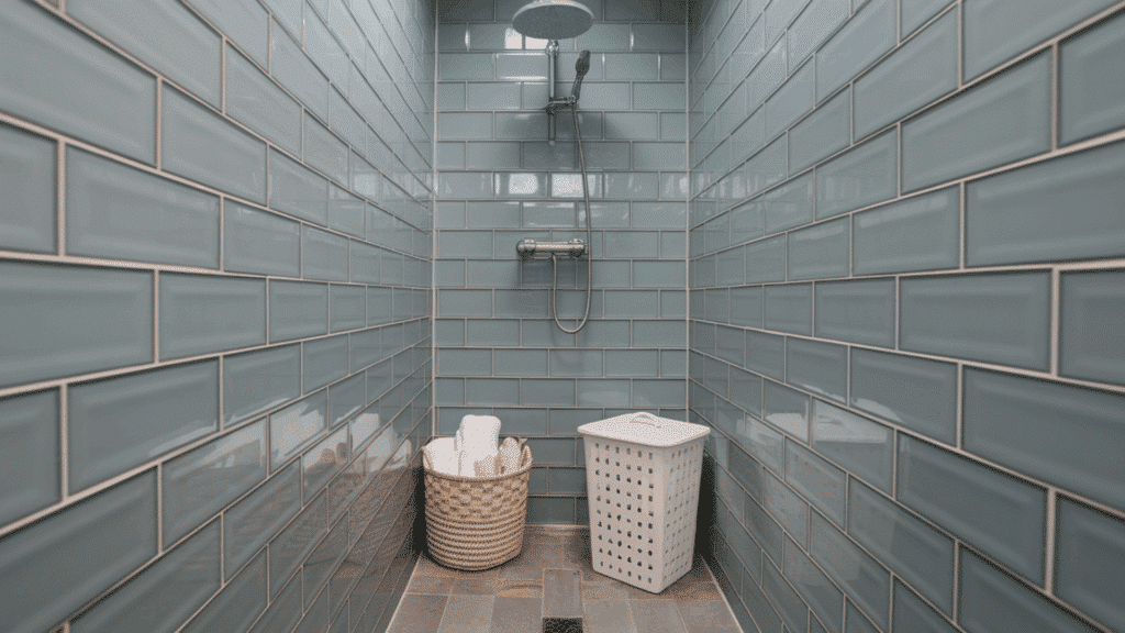 glass tile glow wall walk in tile shower idea