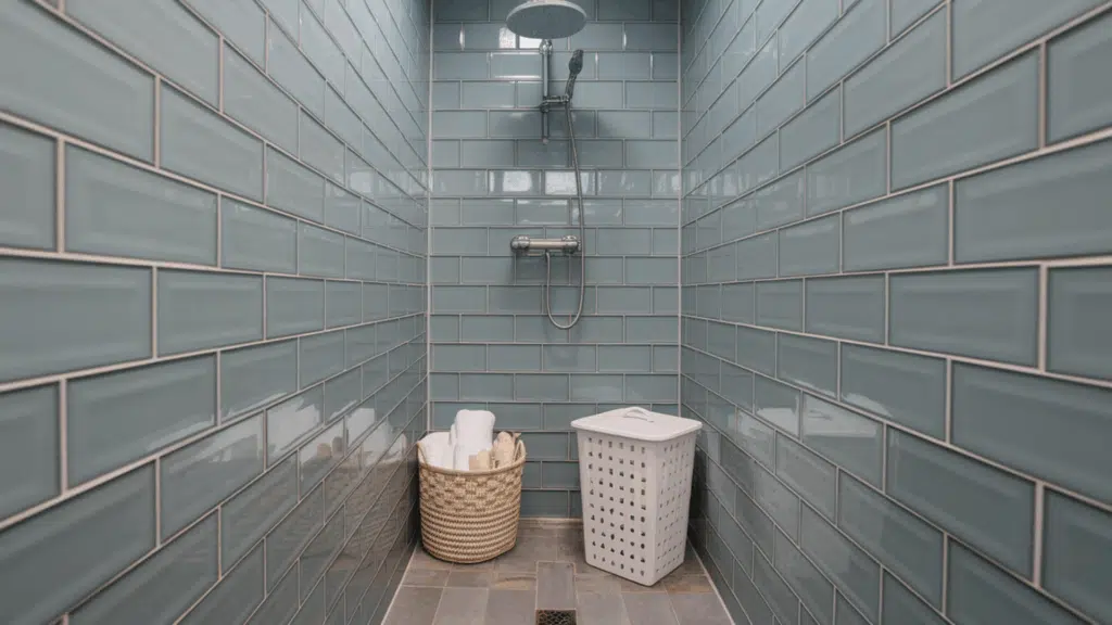 glass tile glow wall walk in tile shower idea