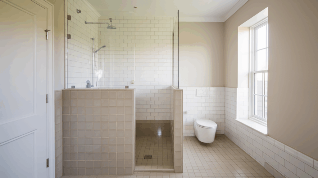 half tiled wall glass above walk in tile shower idea