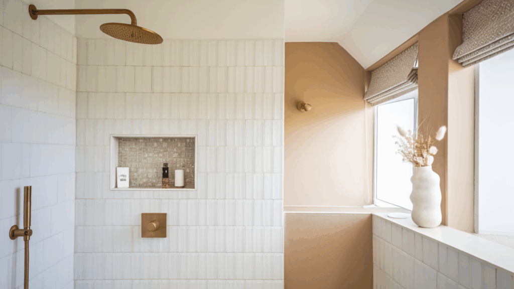 handmade zellige style walk in tile shower idea