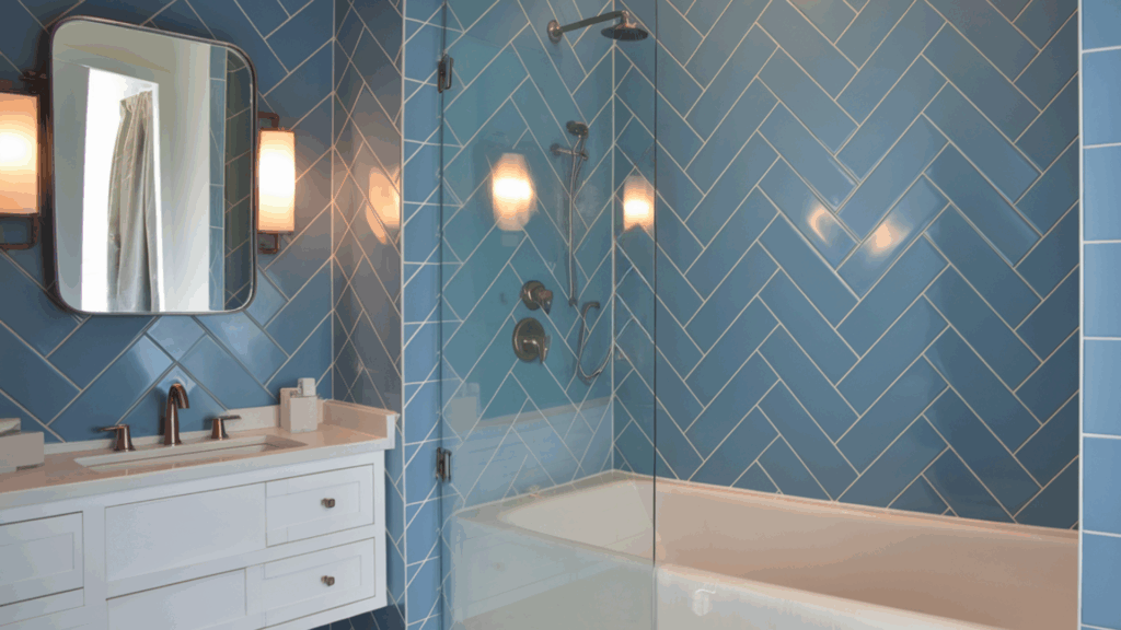 herringbone accent strip walk in tile shower idea