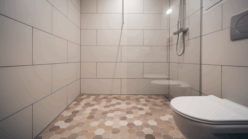 hexagon floor simple walls walk in tile shower idea