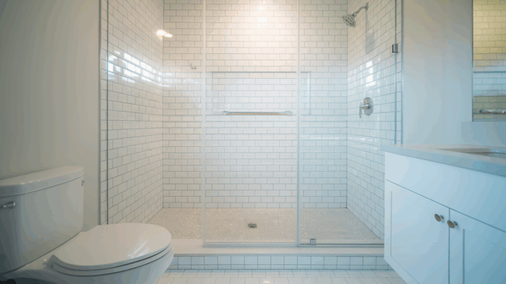 high gloss tiles walk in tile shower idea