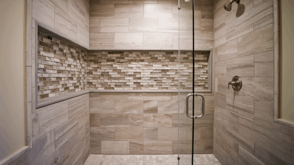 long linear niche wall walk in tile shower idea
