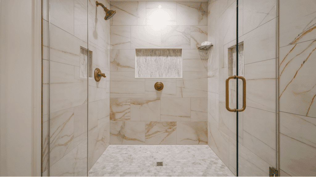 marble look luxury walk in tile shower idea