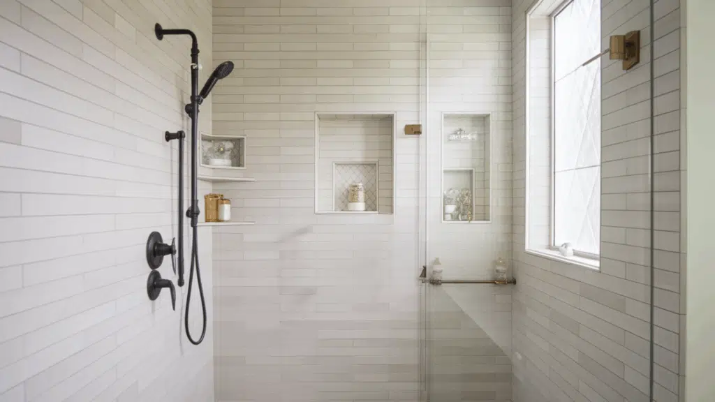 mixed metal fixtures walk in tile shower idea