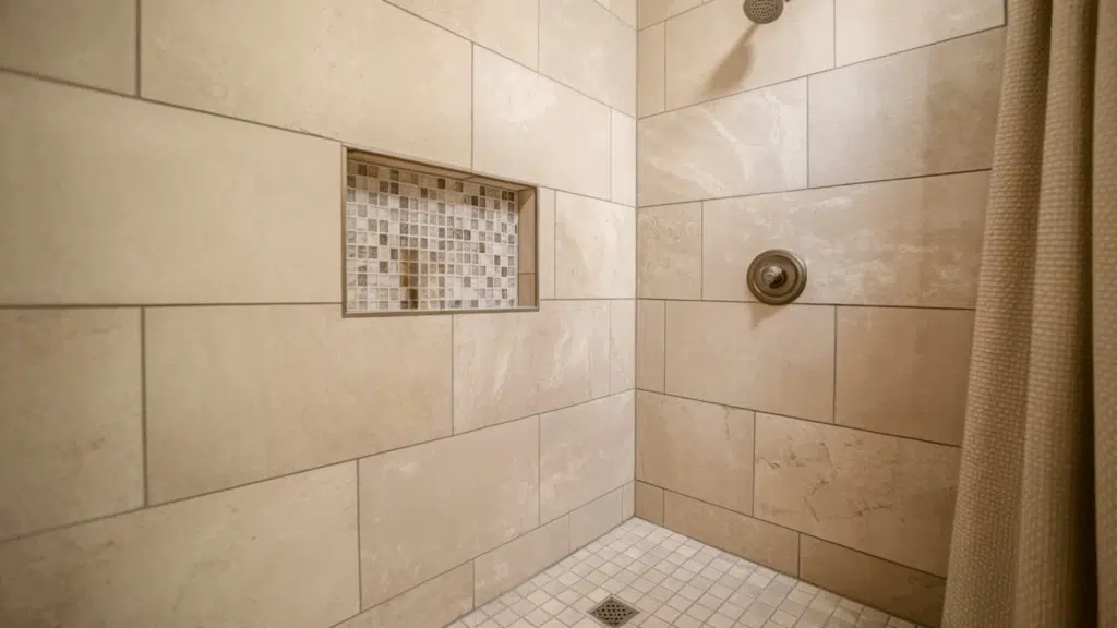 mixed tile sizes one color walk in tile shower idea