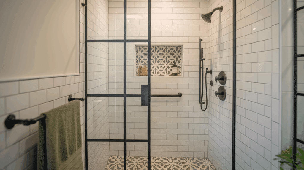 niche and bench highlight walk in tile shower idea