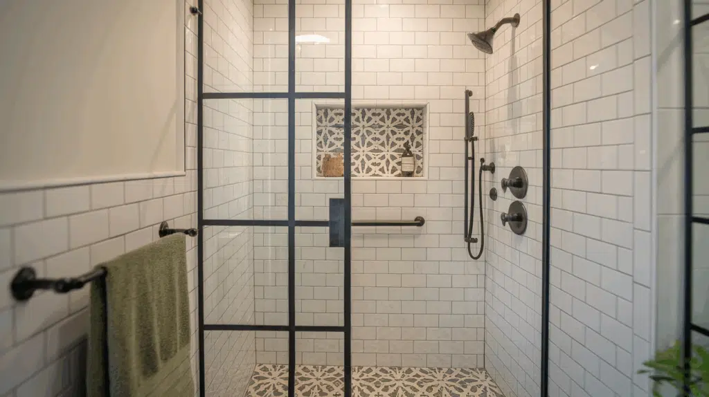 niche and bench highlight walk in tile shower idea