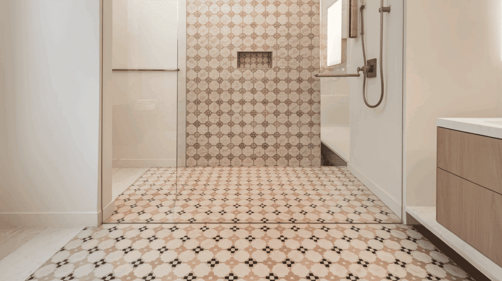 patterned floor plain walls walk in tile shower idea