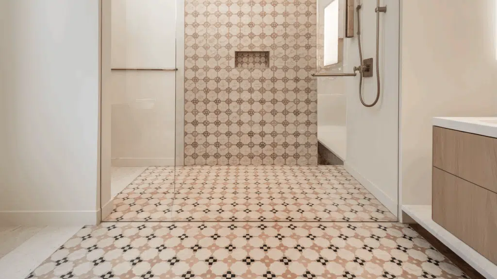 patterned floor plain walls walk in tile shower idea