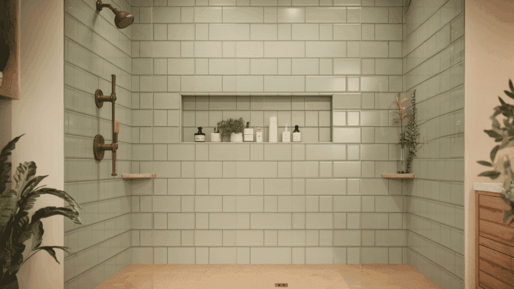 soft green spa walk in tile shower idea