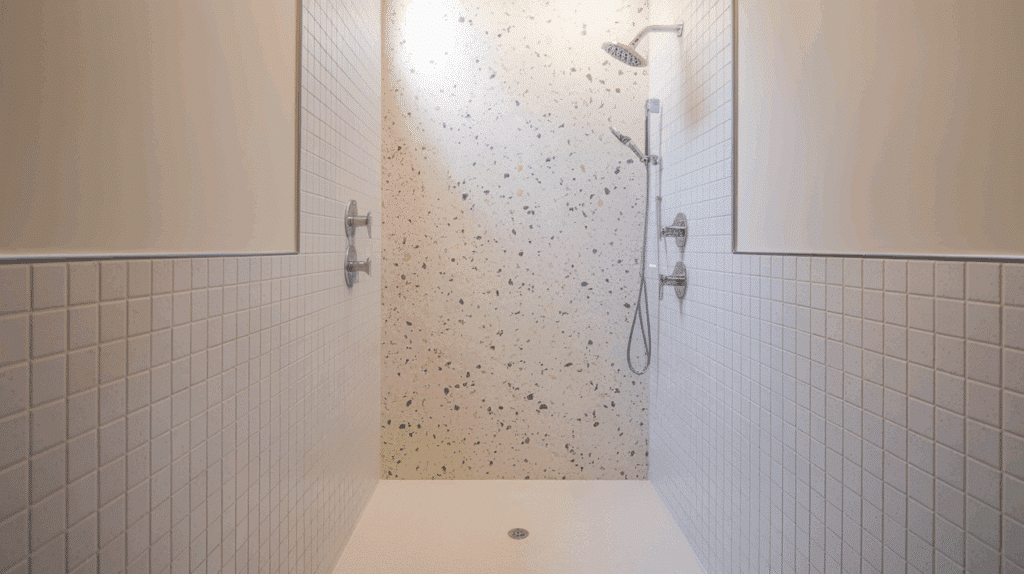 bold patterned feature wall walk in tile shower idea