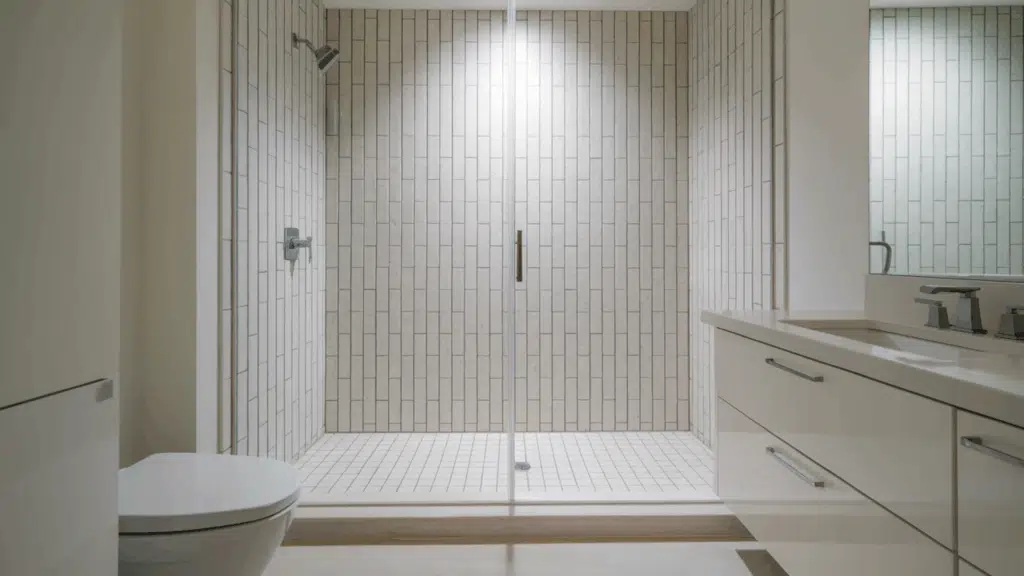 thin linear tile walk in tile shower idea