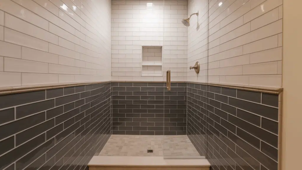 two tone horizontal break walk in tile shower idea