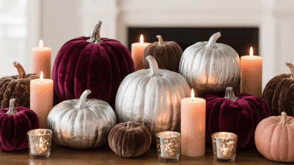 Velvet and Velvet-Toned Pumpkins with Candles
