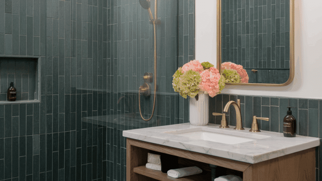 vertical subway tile walk in tile shower idea