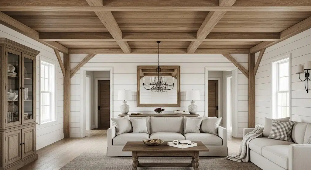 wood beams and shiplap walls