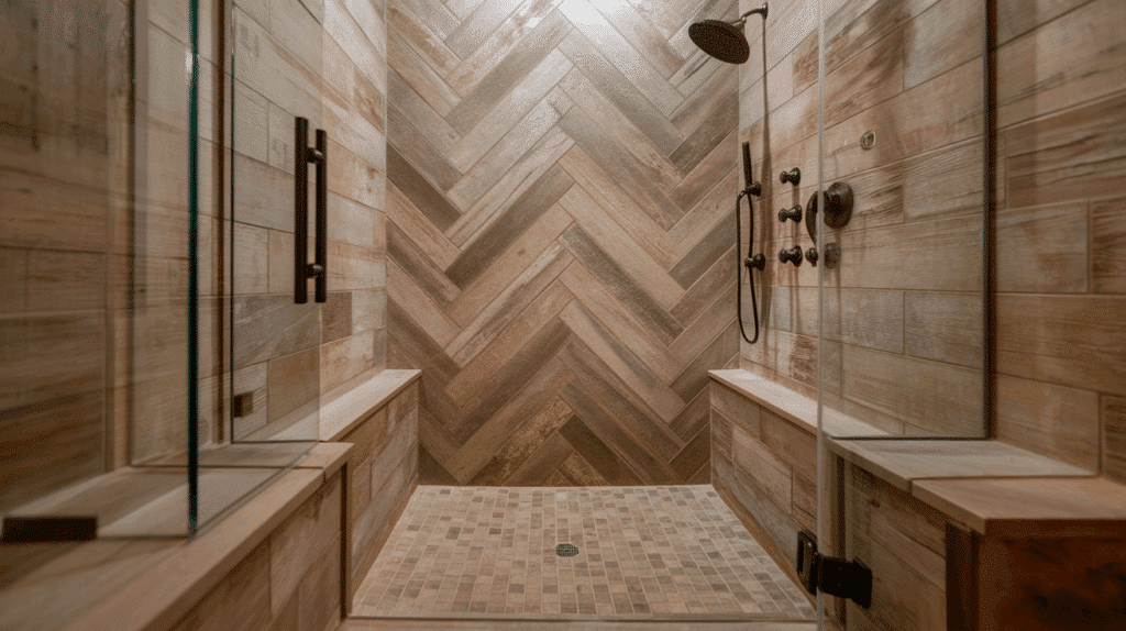 wood look plank walk in tile shower idea