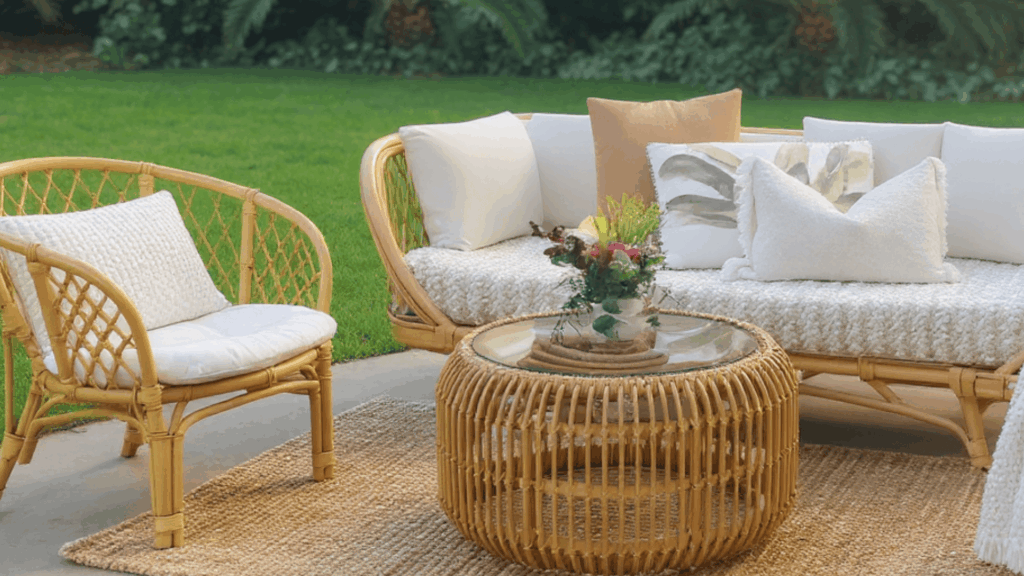 add wooden or rattan furniture