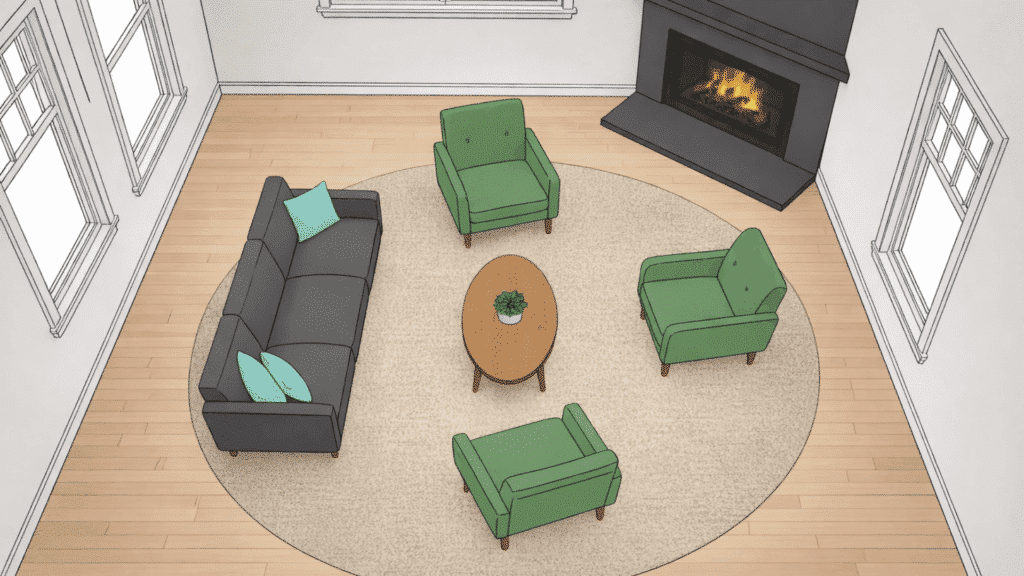 angled furniture layout corner fireplace