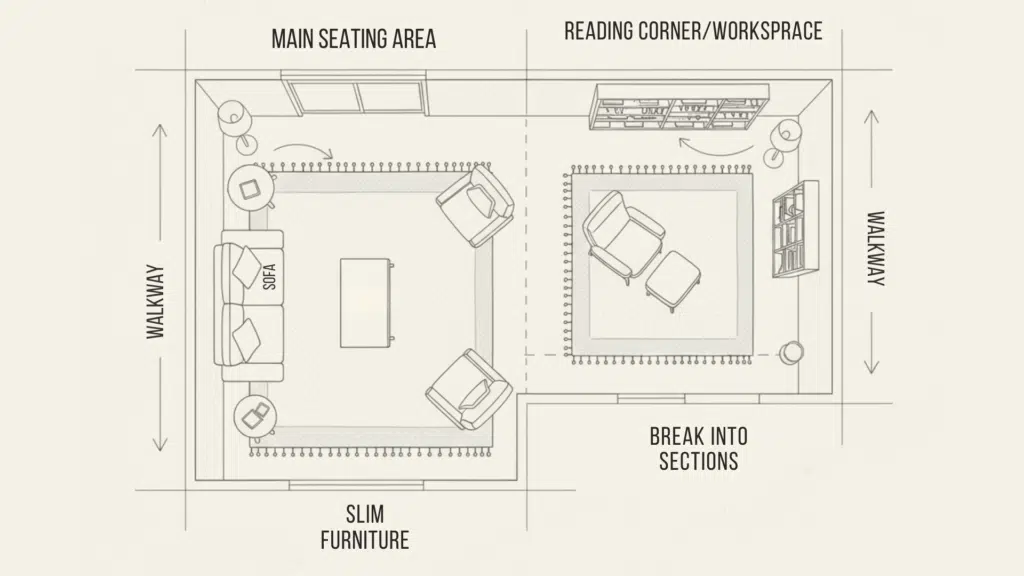 arrange furniture in long narrow living room
