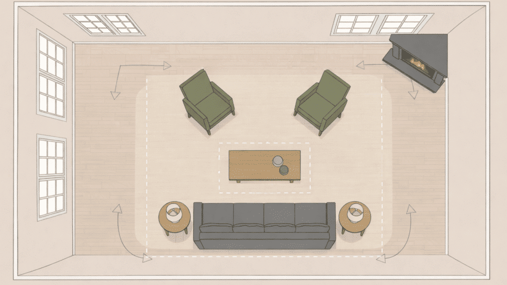 awkward living room layout with corner fireplace