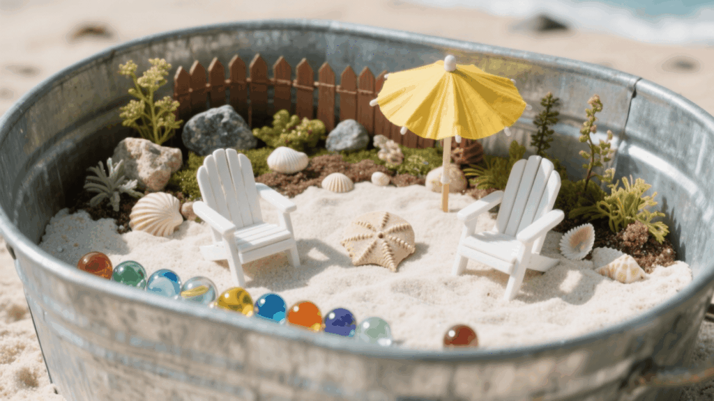 beach style fairy garden with sand and shells